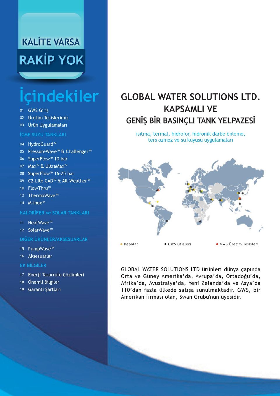 KAPSAMLI VE GENİŞ BİR BASINÇLI TANK YELPAZESİ ısıtma, termal, hidrofor, hidronik darbe önleme, ters ozmoz ve su kuyusu uygulamaları KALORİFER ve SOLAR TANKLARI 11 HeatWave 12 SolarWave DİĞER