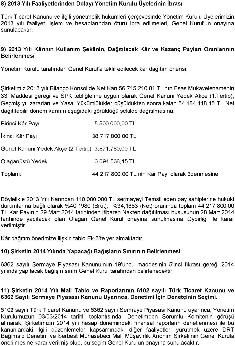 9) 2013 Yılı Kârının Kullanım ġeklinin, Dağıtılacak Kâr ve Kazanç Payları Oranlarının Belirlenmesi Yönetim Kurulu tarafından Genel Kurul a teklif edilecek kâr dağıtım önerisi: Şirketimiz 2013 yılı