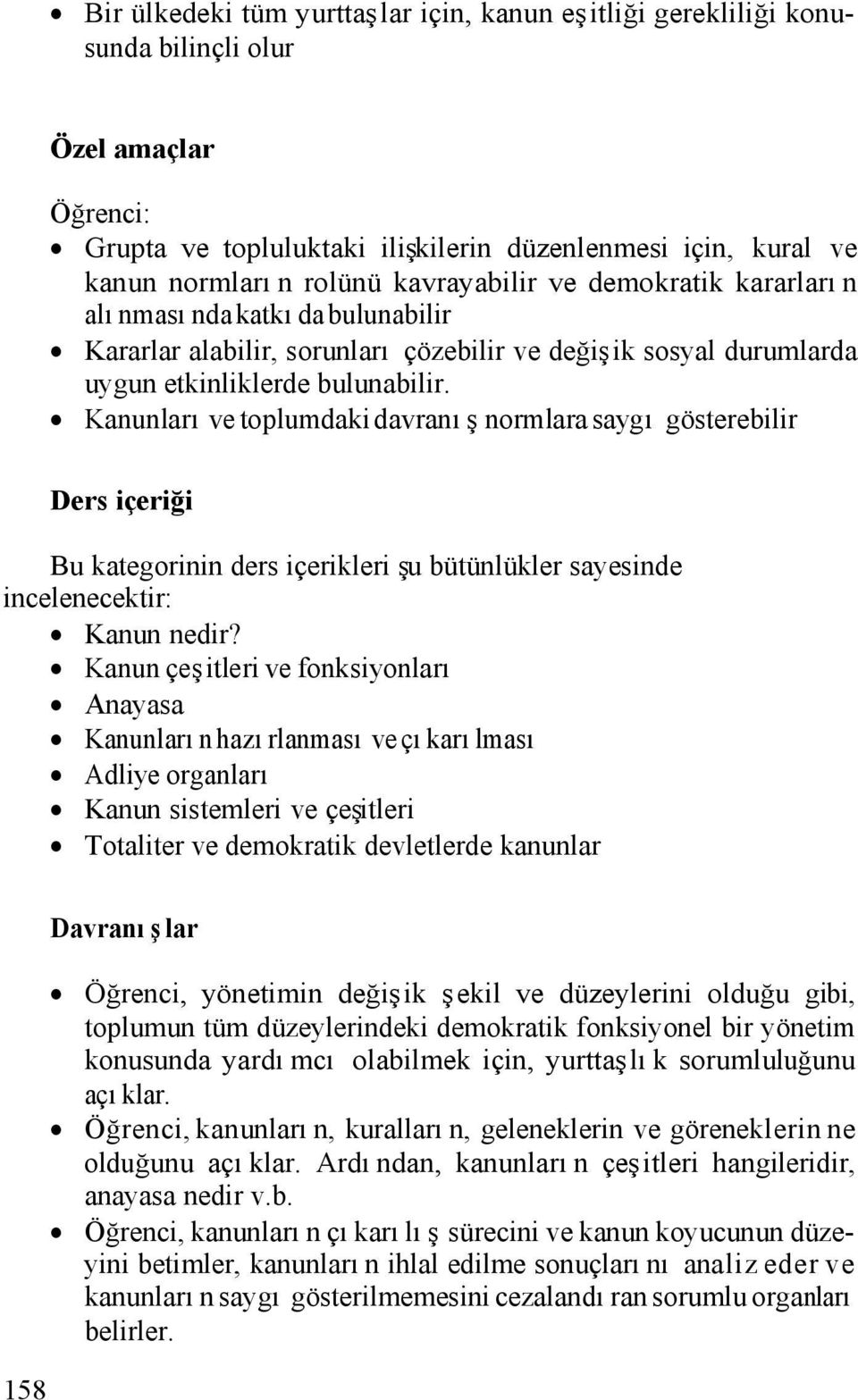 Kanunları ve toplumdaki davranış normlara saygı gösterebilir Ders içeriği Bu kategorinin ders içerikleri şu bütünlükler sayesinde incelenecektir: Kanun nedir?