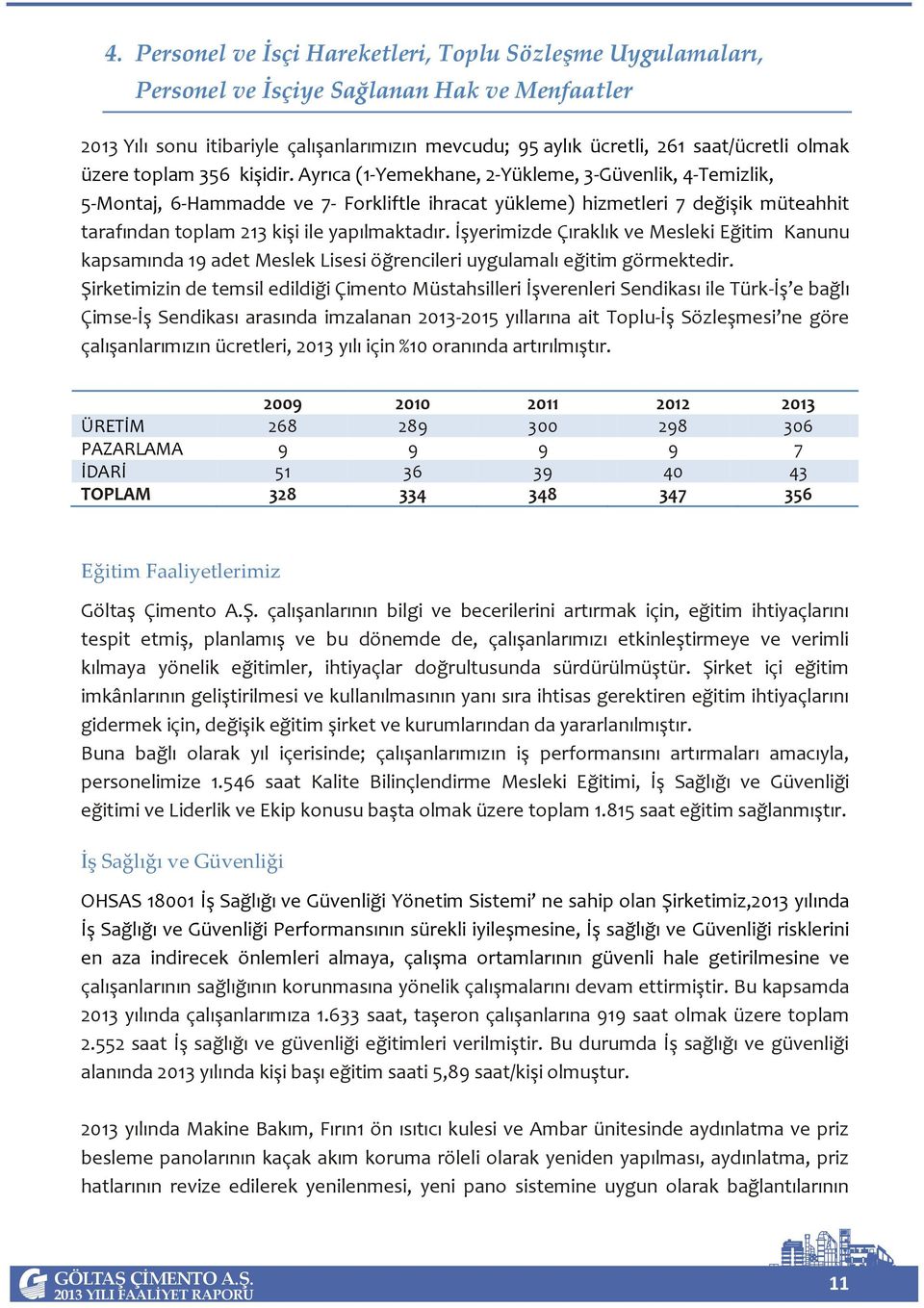 Ayrıca (1-Yemekhane, 2-Yükleme, 3-Güvenlik, 4-Temizlik, 5-Montaj, 6-Hammadde ve 7- Forkliftle ihracat yükleme) hizmetleri 7 değişik müteahhit tarafından toplam 213 kişi ile yapılmaktadır.