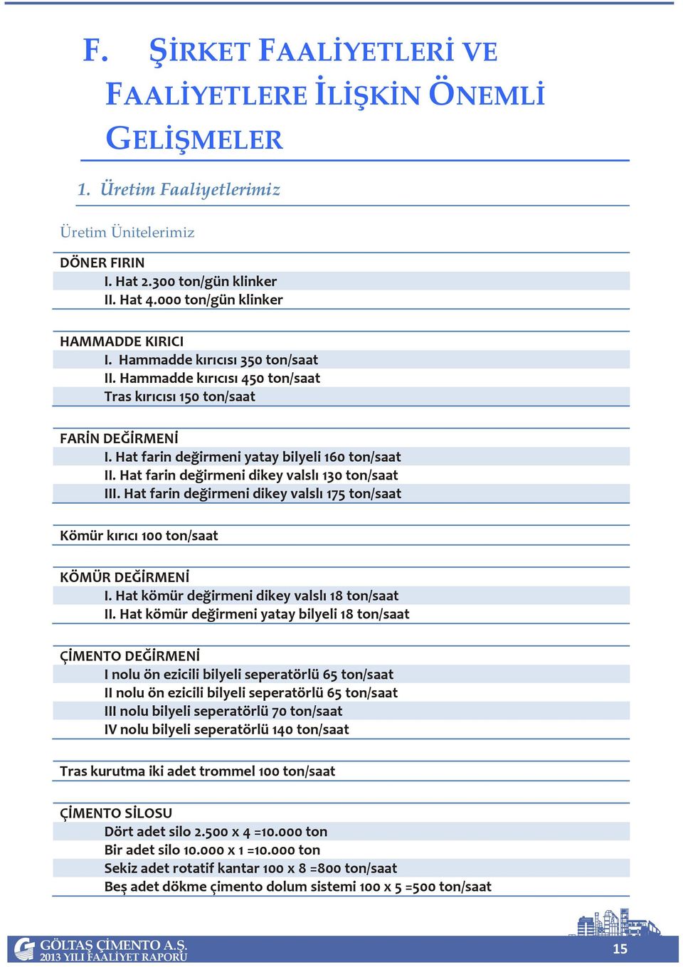 Hat farin değirmeni dikey valslı 130 ton/saat III. Hat farin değirmeni dikey valslı 175 ton/saat Kömür kırıcı 100 ton/saat KÖMÜR DEĞİRMENİ I. Hat kömür değirmeni dikey valslı 18 ton/saat II.