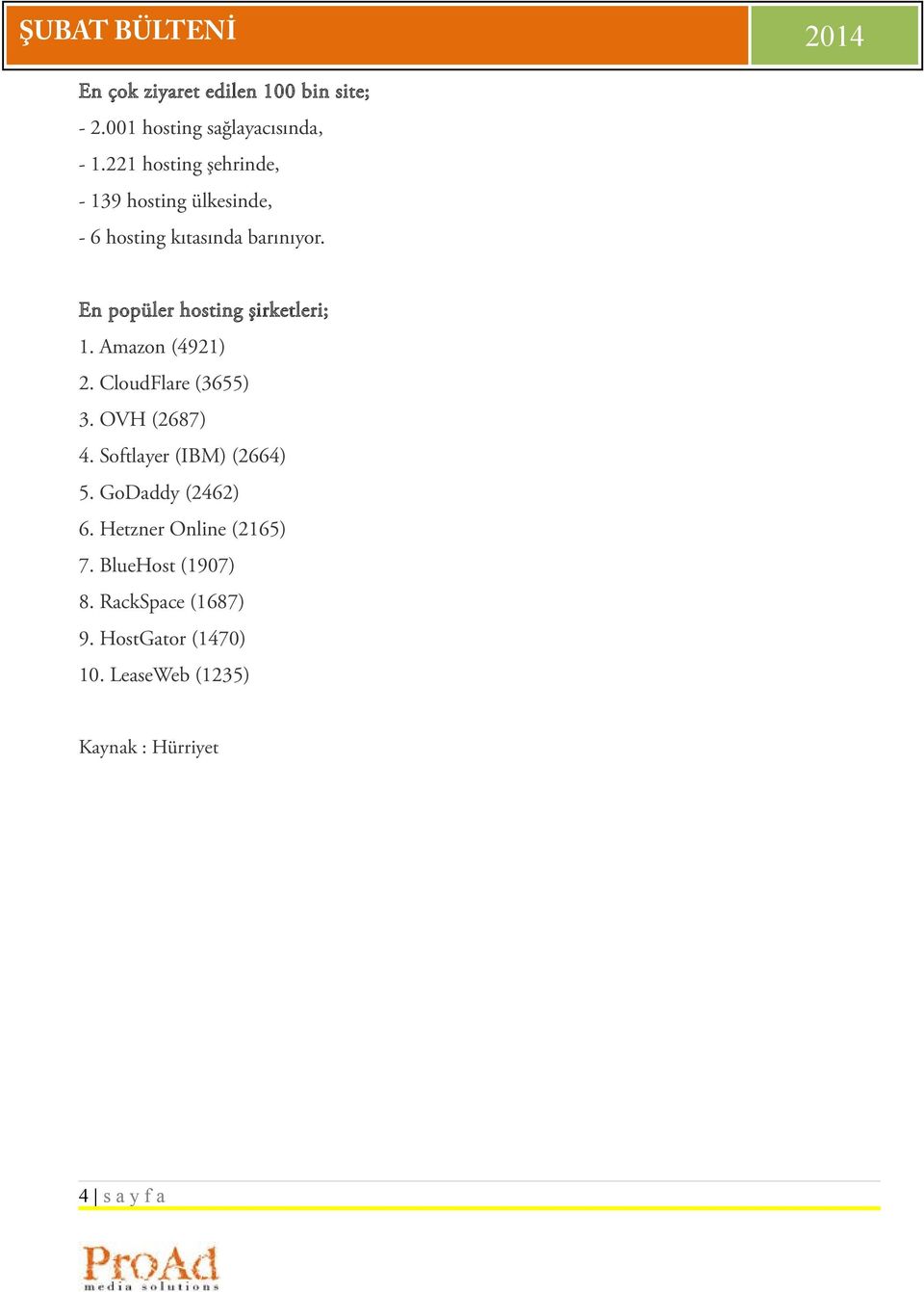 En popüler hosting şirketleri; 1. Amazon (4921) 2. CloudFlare (3655) 3. OVH (2687) 4.