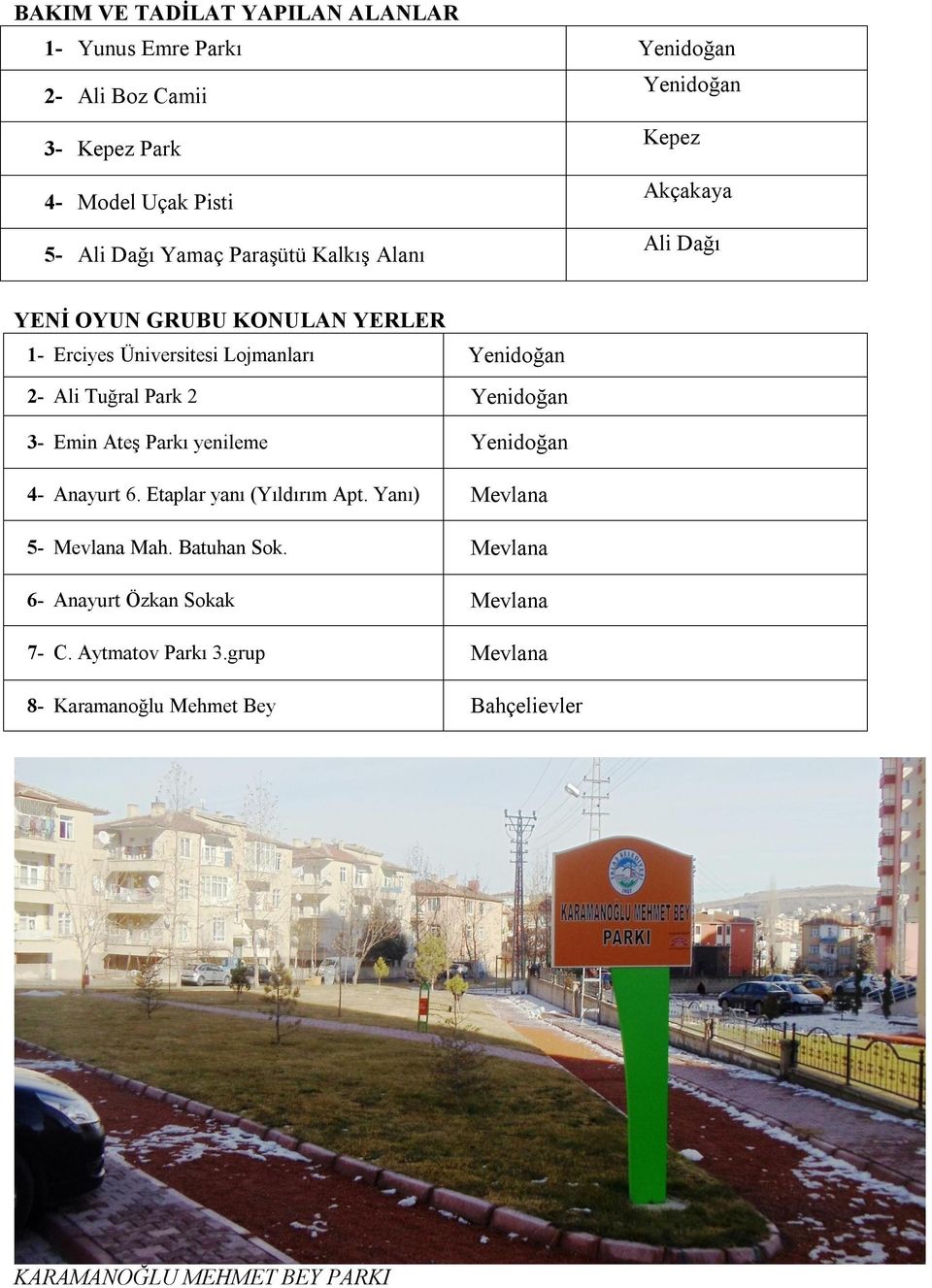 Yenidoğan 2- Ali Tuğral Park 2 Yenidoğan 3- Emin Ateş Parkı yenileme Yenidoğan 4- Anayurt 6. Etaplar yanı (Yıldırım Apt.