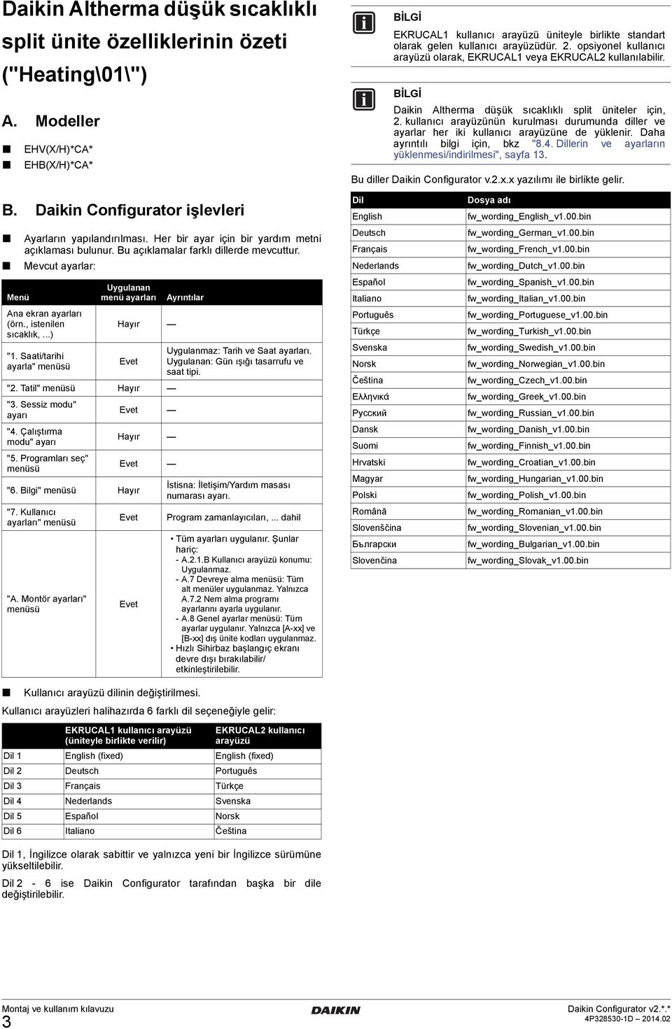 opsiyonel kullanıcı arayüzü olarak, EKRUCAL1 veya EKRUCAL2 kullanılabilir. Daikin Altherma düşük sıcaklıklı split üniteler için, 2.