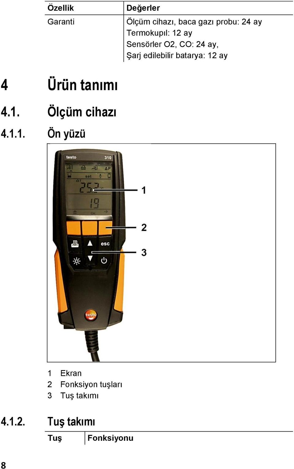 batarya: 12 ay 4 Ürün tanımı 4.1. Ölçüm cihazı 4.1.1. Ön yüzü 8 1 Ekran 2 Fonksiyon tuşları 3 Tuş takımı 4.