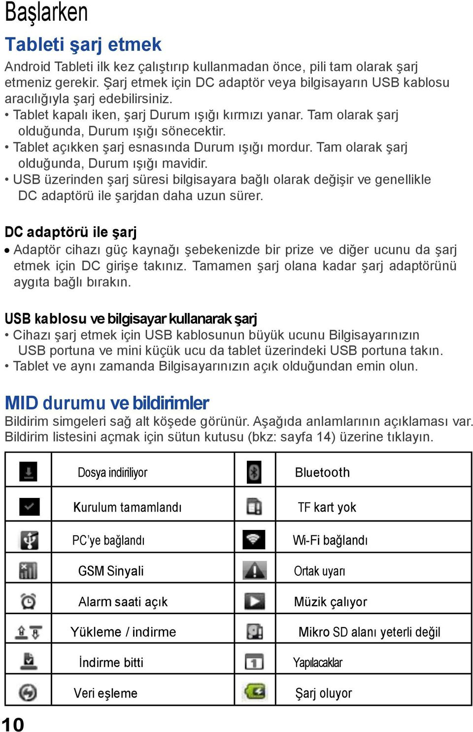 Tablet açıkken şarj esnasında Durum ışığı mordur. Tam olarak şarj olduğunda, Durum ışığı mavidir.