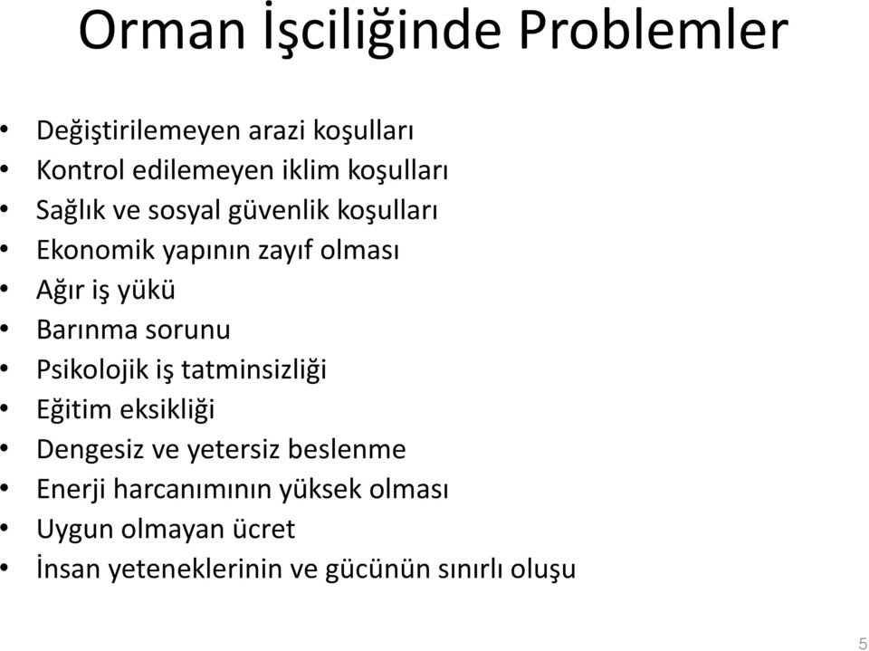 Barınma sorunu Psikolojik iş tatminsizliği Eğitim eksikliği Dengesiz ve yetersiz beslenme