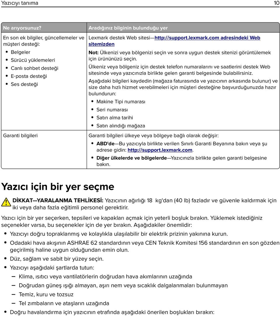 Web sitesi http://support.lexmark.com adresindeki Web sitemizden Not: Ülkenizi veya bölgenizi seçin ve sonra uygun destek sitenizi görüntülemek için ürününüzü seçin.