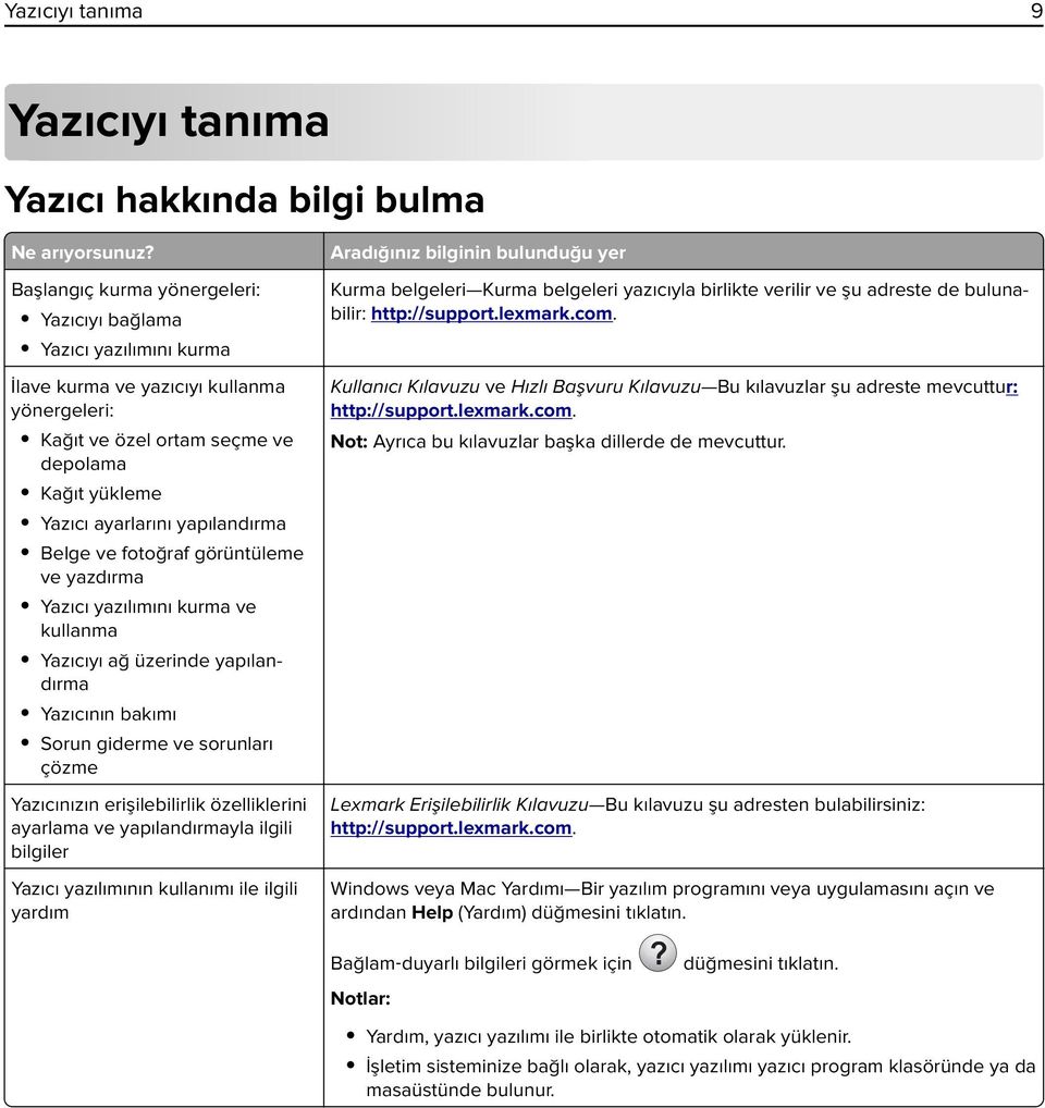 Belge ve fotoğraf görüntüleme ve yazdırma Yazıcı yazılımını kurma ve kullanma Yazıcıyı ağ üzerinde yapılandırma Yazıcının bakımı Sorun giderme ve sorunları çözme Yazıcınızın erişilebilirlik