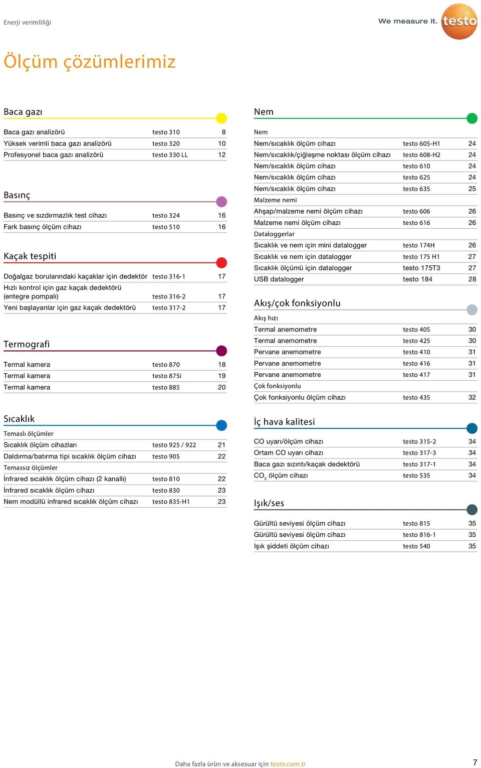 pompalı) testo 316-2 17 Yeni başlayanlar için gaz kaçak dedektörü testo 317-2 17 Termografi Termal kamera testo 870 18 Termal kamera testo 875i 19 Termal kamera testo 885 20 Sıcaklık Temaslı ölçümler