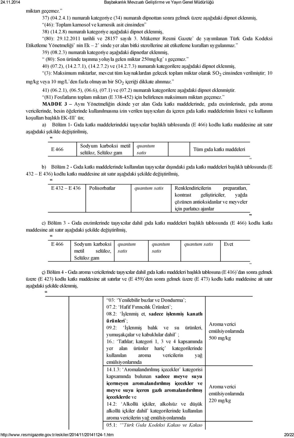 2.3) numaralı kategoriye aşağıdaki dipnotlar eklenmiş, (80): Son üründe taşınma yoluyla gelen miktar 250mg/kg ı geçemez. 40) (07.