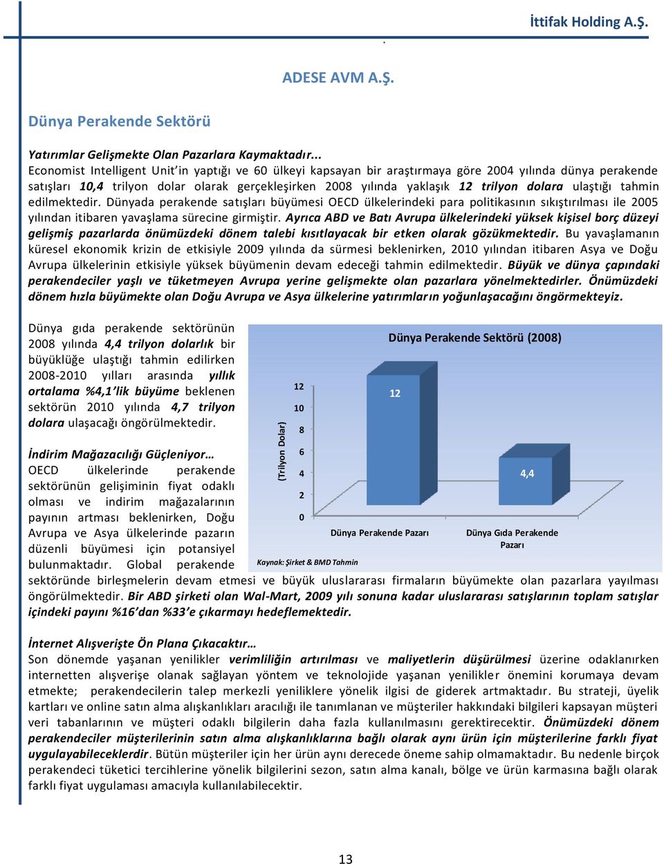 dolara ulaştığı tahmin edilmektedir. Dünyada perakende satışları büyümesi OECD ülkelerindeki para politikasının sıkıştırılması ile 2005 yılından itibaren yavaşlama sürecine girmiştir.