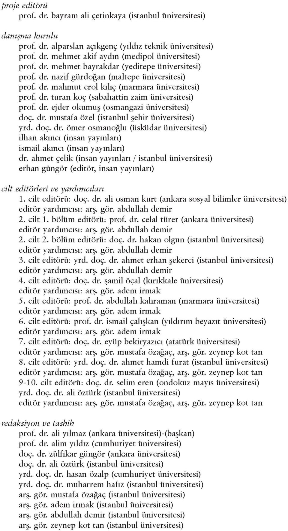 dr. ejder okumuş (osmangazi üniversitesi) doç. dr. mustafa özel (istanbul şehir üniversitesi) yrd. doç. dr. ömer osmanoğlu (üsküdar üniversitesi) ilhan akıncı (insan yayınları) ismail akıncı (insan yayınları) dr.