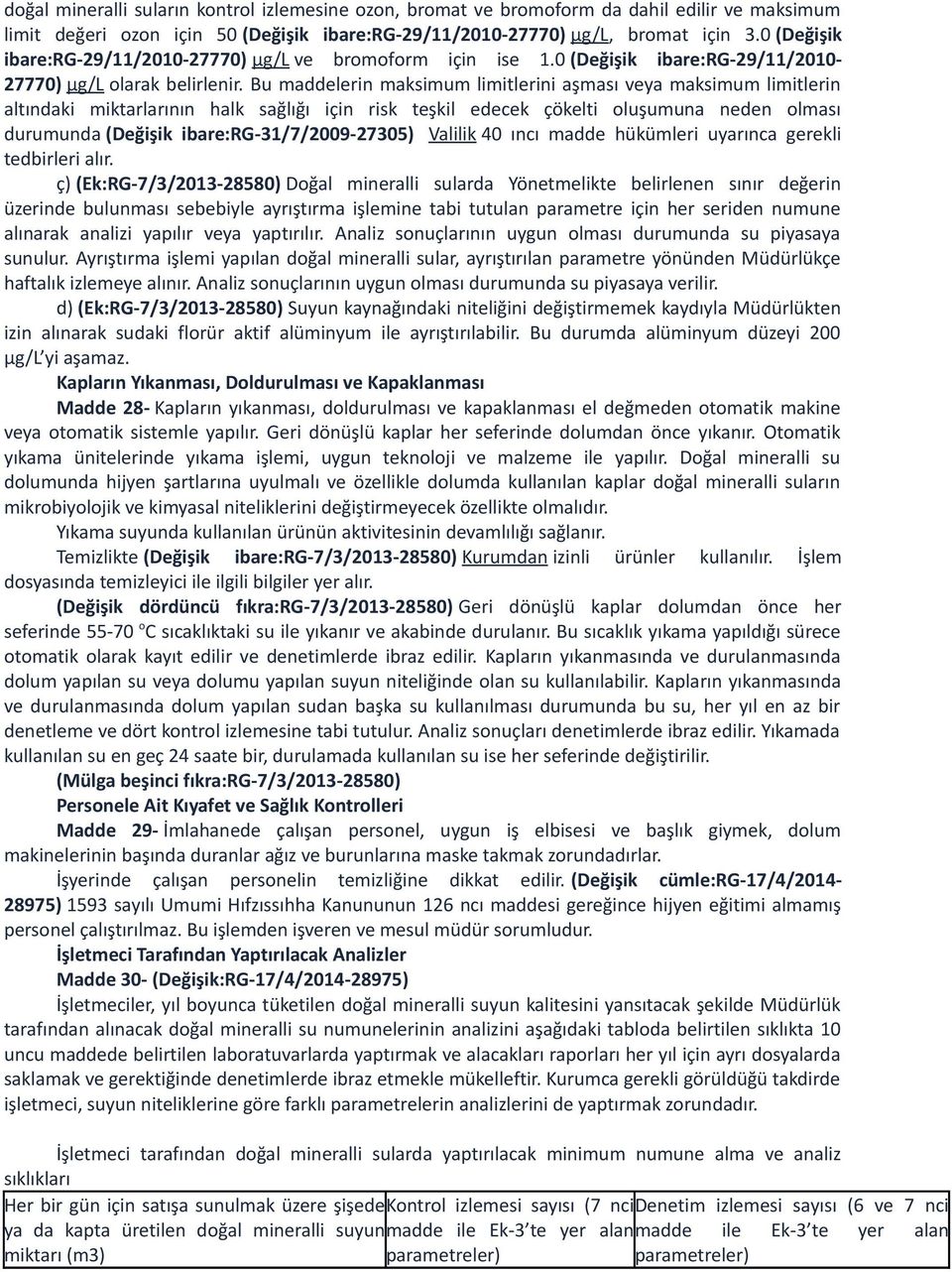 Bu maddelerin maksimum limitlerini aşması veya maksimum limitlerin altındaki miktarlarının halk sağlığı için risk teşkil edecek çökelti oluşumuna neden olması durumunda (Değişik