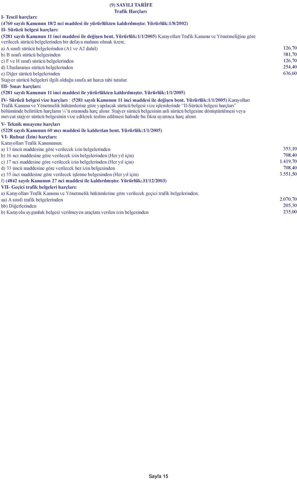 Yürürlük:1/1/2005) Karayolları Trafik Kanunu ve Yönetmeliğine göre verilecek sürücü belgelerinden bir defaya mahsus olmak üzere, a) A sınıfı sürücü belgelerinden (A1 ve A2 dahil) 126,70 b) B sınıfı