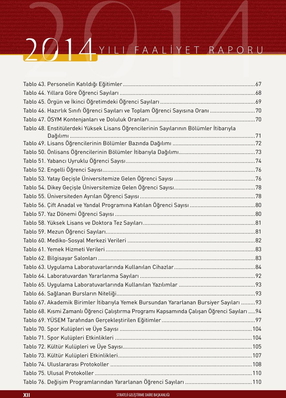 Enstitülerdeki Yüksek Lisans Öğrencilerinin Sayılarının Bölümler İtibarıyla Dağılımı...71 Tablo 49. Lisans Öğrencilerinin Bölümler Bazında Dağılımı...72 Tablo 50.