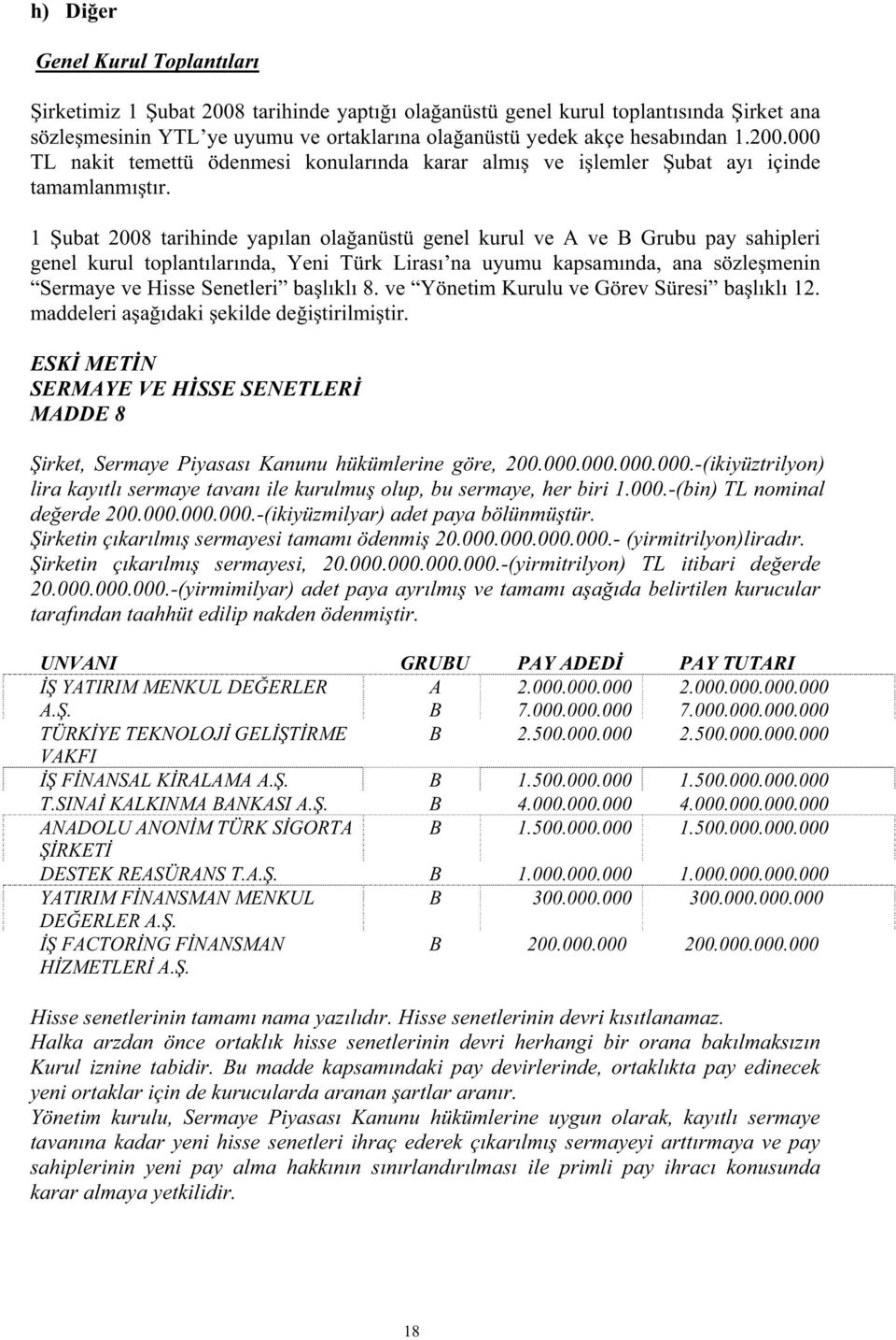 1 ubat 2008 tarihinde yapılan ola anüstü genel kurul ve A ve B Grubu pay sahipleri genel kurul toplantılarında, Yeni Türk Lirası na uyumu kapsamında, ana sözle menin Sermaye ve Hisse Senetleri ba