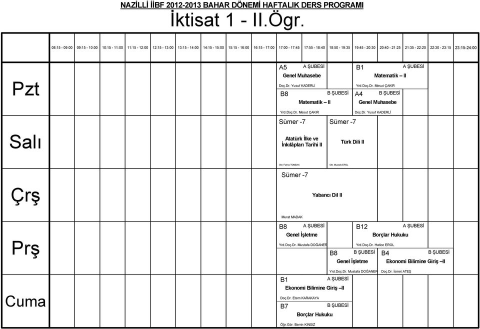 Mustafa EROL Sümer -7 Yabanc# Dil II Murat MADAK B8 Genel!"letme Borçlar Hukuku Yrd.Doç.Dr. Mustafa DO#ANER Yrd.Doç.Dr. Hatice EROL B8 B12 B4 Genel!