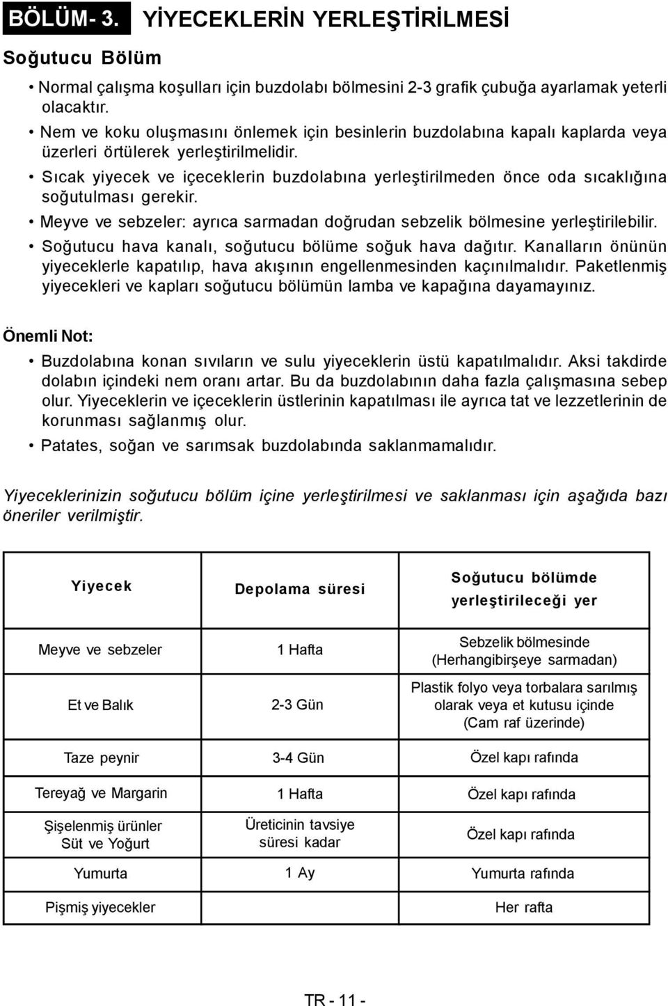 Sıcak yiyecek ve içeceklerin buzdolabına yerleştirilmeden önce oda sıcaklığına soğutulması gerekir. Meyve ve sebzeler: ayrıca sarmadan doğrudan sebzelik bölmesine yerleştirilebilir.