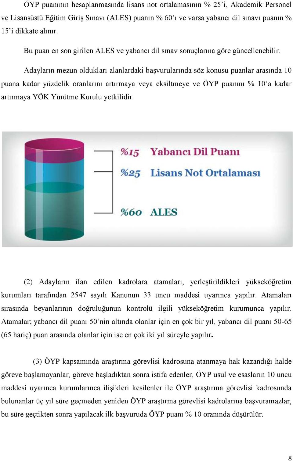 Adayların mezun oldukları alanlardaki başvurularında söz konusu puanlar arasında 10 puana kadar yüzdelik oranlarını artırmaya veya eksiltmeye ve ÖYP puanını % 10 a kadar artırmaya YÖK Yürütme Kurulu