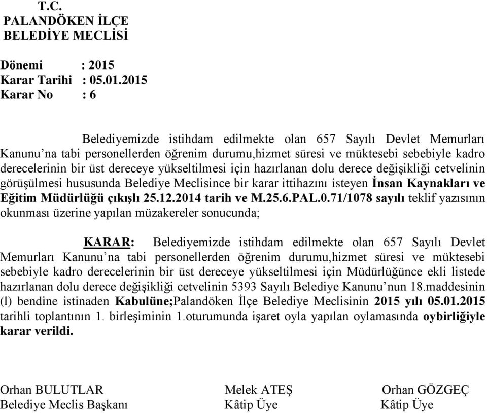 2014 tarih ve M.25.6.PAL.0.71/1078 sayılı teklif yazısının okunması üzerine yapılan müzakereler sonucunda; KARAR: Belediyemizde istihdam edilmekte olan 657 Sayılı Devlet Memurları Kanunu na tabi