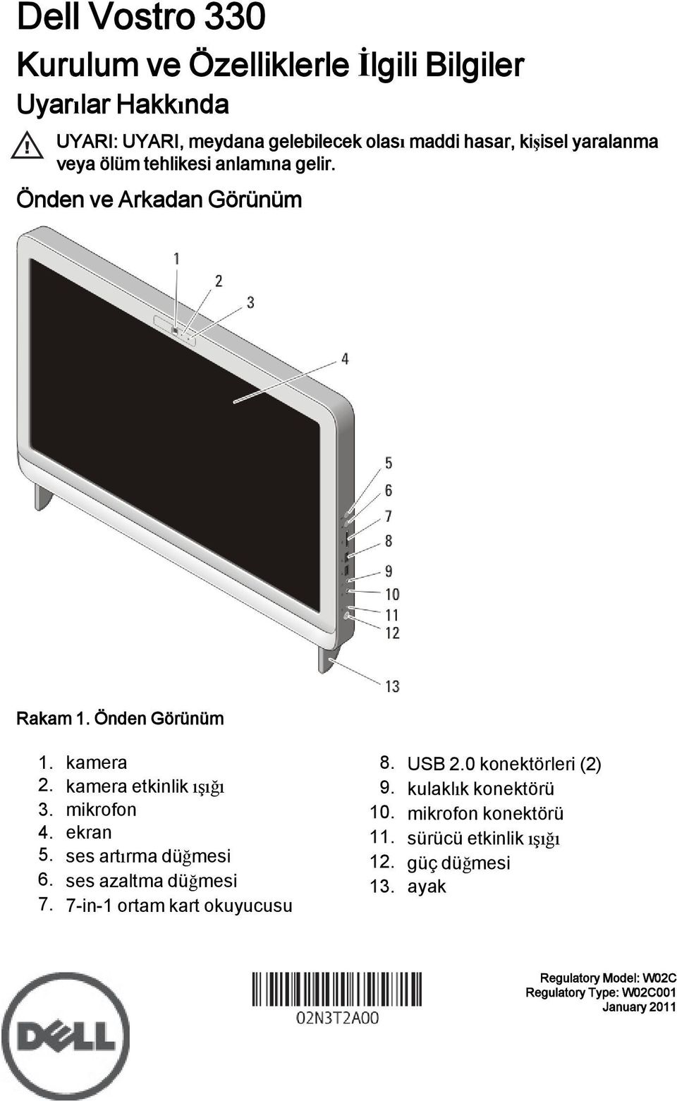 mikrofon 4. ekran 5. ses artırma düğmesi 6. ses azaltma düğmesi 7. 7-in-1 ortam kart okuyucusu 8. USB 2.0 konektörleri (2) 9.