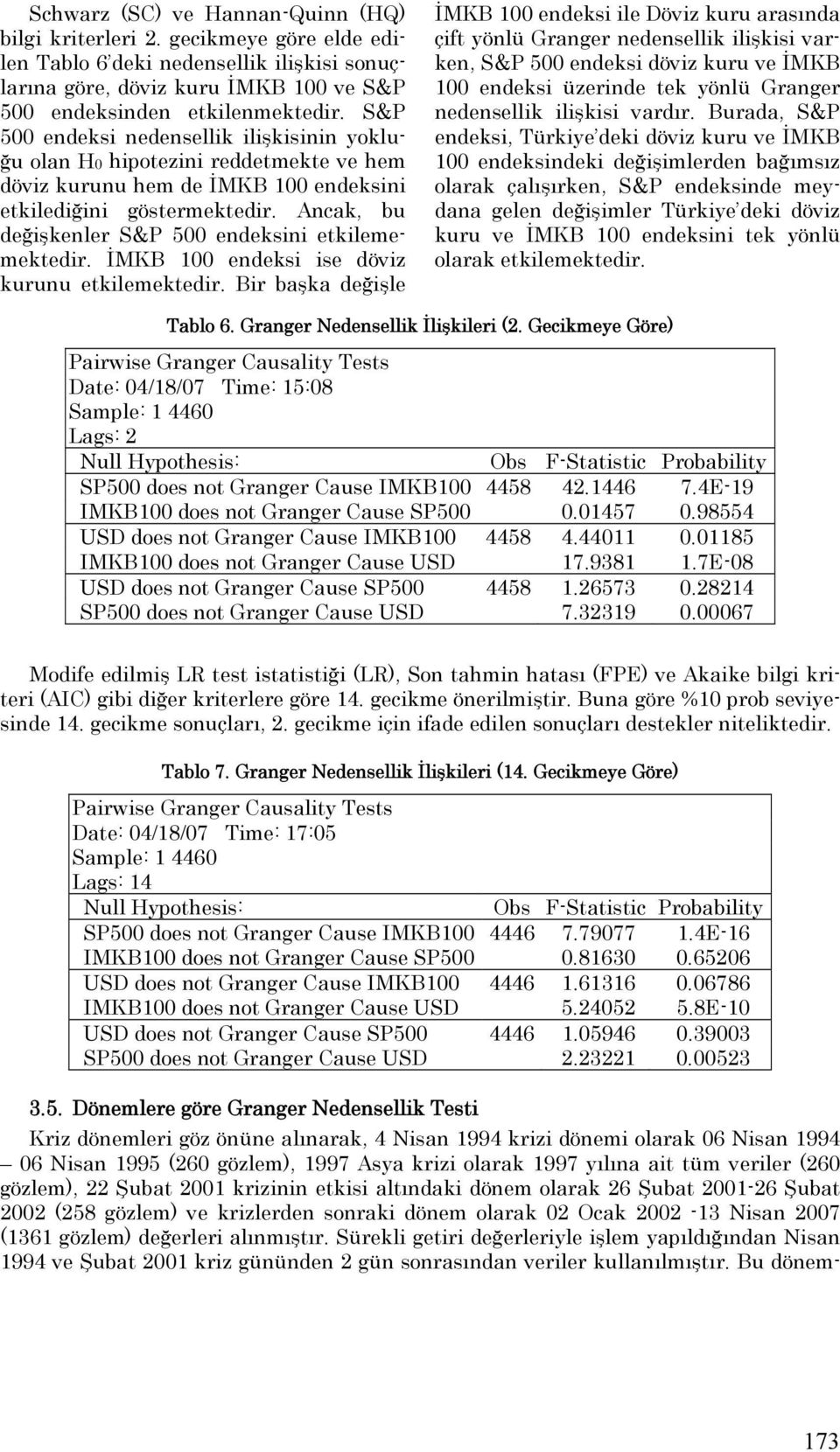 Ancak, bu değişkenler S&P 500 endeksini etkilememektedir. İMKB 100 endeksi ise döviz kurunu etkilemektedir.