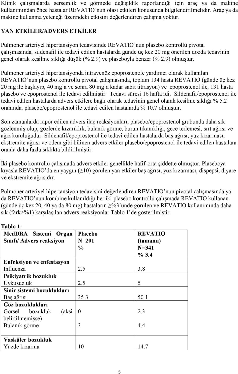 YAN ETKİLER/ADVERS ETKİLER Pulmoner arteriyel hipertansiyon tedavisinde REVATIO nun plasebo kontrollü pivotal çalışmasında, sildenafil ile tedavi edilen hastalarda günde üç kez 20 mg önerilen dozda