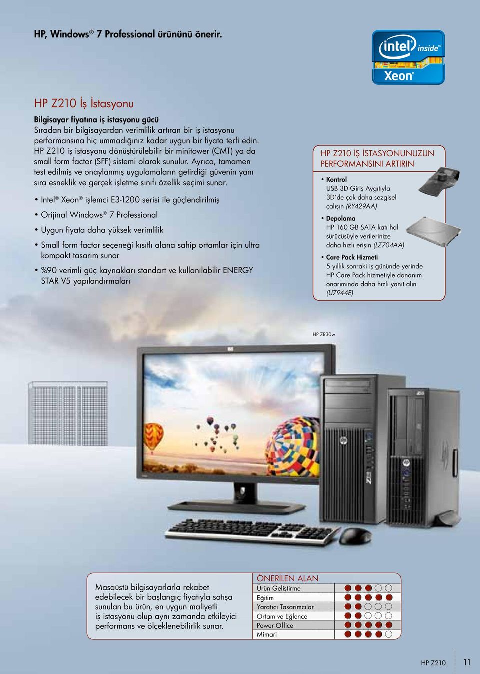 HP Z210 iş istasyonu dönüştürülebilir bir minitower (CMT) ya da small form factor (SFF) sistemi olarak sunulur.