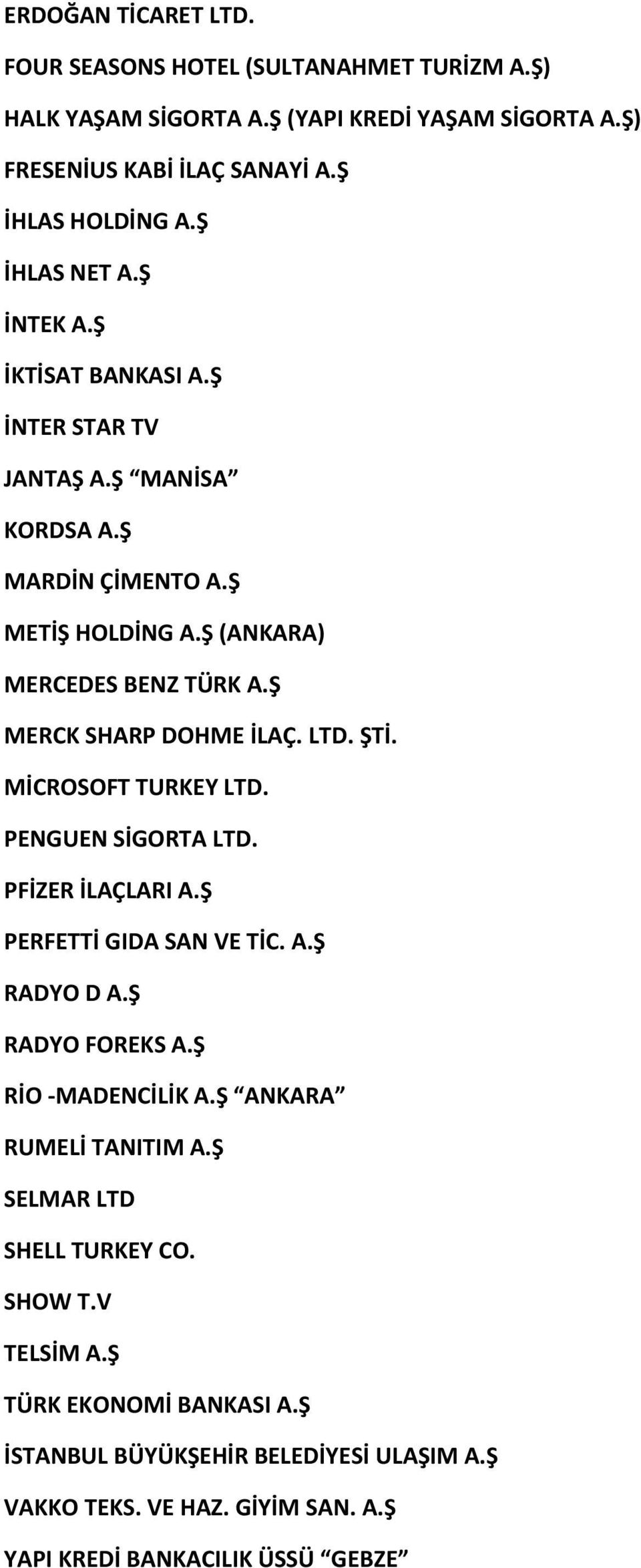 Ş MERCK SHARP DOHME İLAÇ. LTD. ŞTİ. MİCROSOFT TURKEY LTD. PENGUEN SİGORTA LTD. PFİZER İLAÇLARI A.Ş PERFETTİ GIDA SAN VE TİC. A.Ş RADYO D A.Ş RADYO FOREKS A.Ş RİO -MADENCİLİK A.