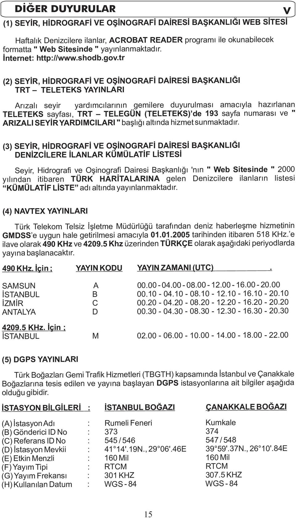 tr (2) SEYİR, HİDROGRAFİ VE OŞİNOGRAFİ DAİRESİ BAŞKANLIĞI TRT TELETEKS YAYINLARI Arızalı seyir yardımcılarının gemilere duyurulması amacıyla hazırlanan TELETEKS sayfası, TRT TELEGÜN (TELETEKS) de 193