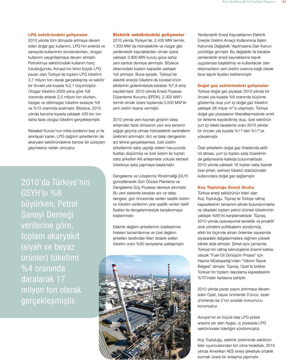 Petrokimya sektöründeki kullanım hariç tutulduğunda, Avrupa nın ikinci büyük LPG pazarı olan Türkiye de toplam LPG tüketimi 3,7 milyon ton olarak gerçekleşmiş ve sektör bir önceki yıla kıyasla %2,1