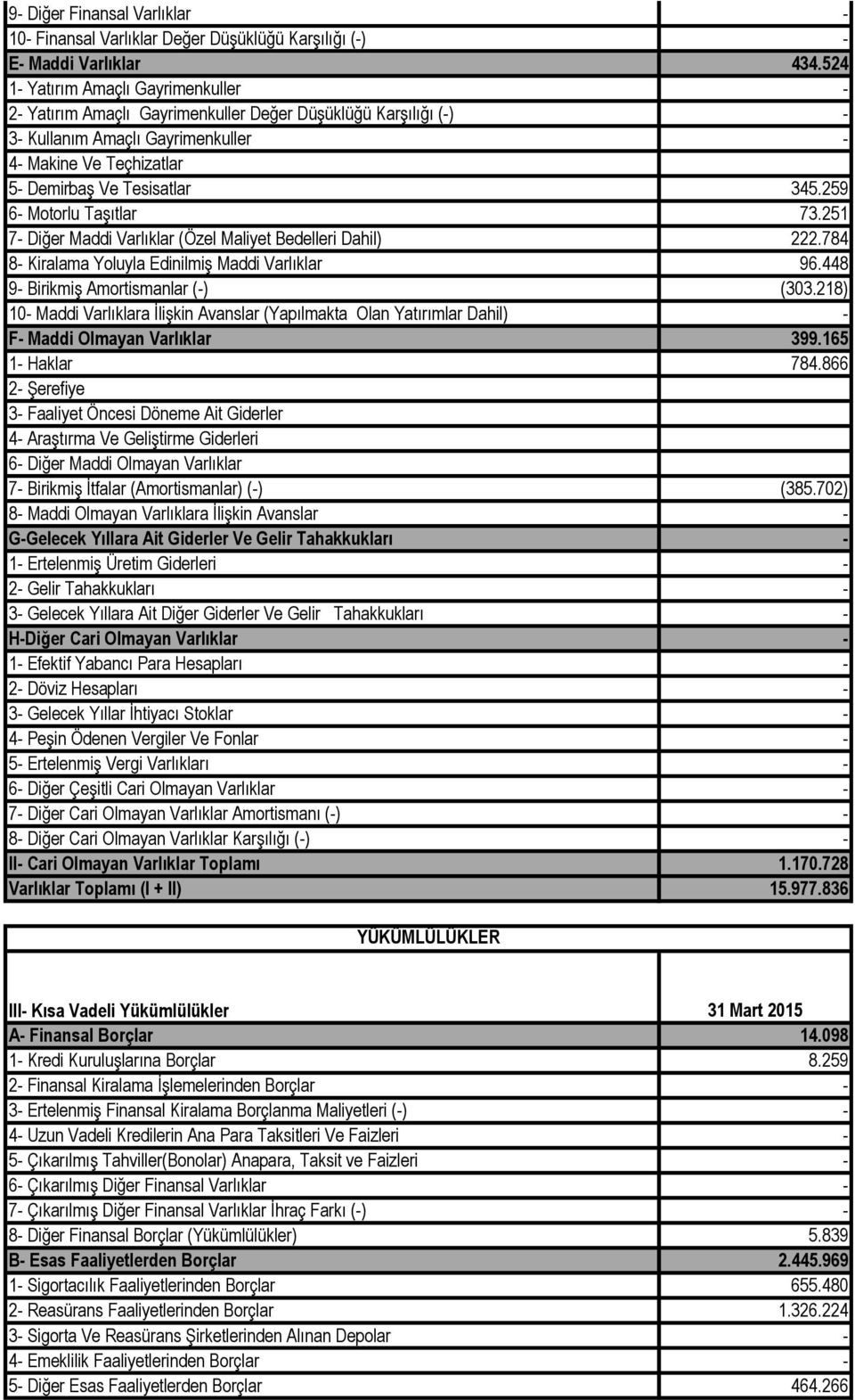 259 6 Motorlu Taşıtlar 73.251 7 Diğer Maddi Varlıklar (Özel Maliyet Bedelleri Dahil) 222.784 8 Kiralama Yoluyla Edinilmiş Maddi Varlıklar 96.448 9 Birikmiş Amortismanlar () (303.