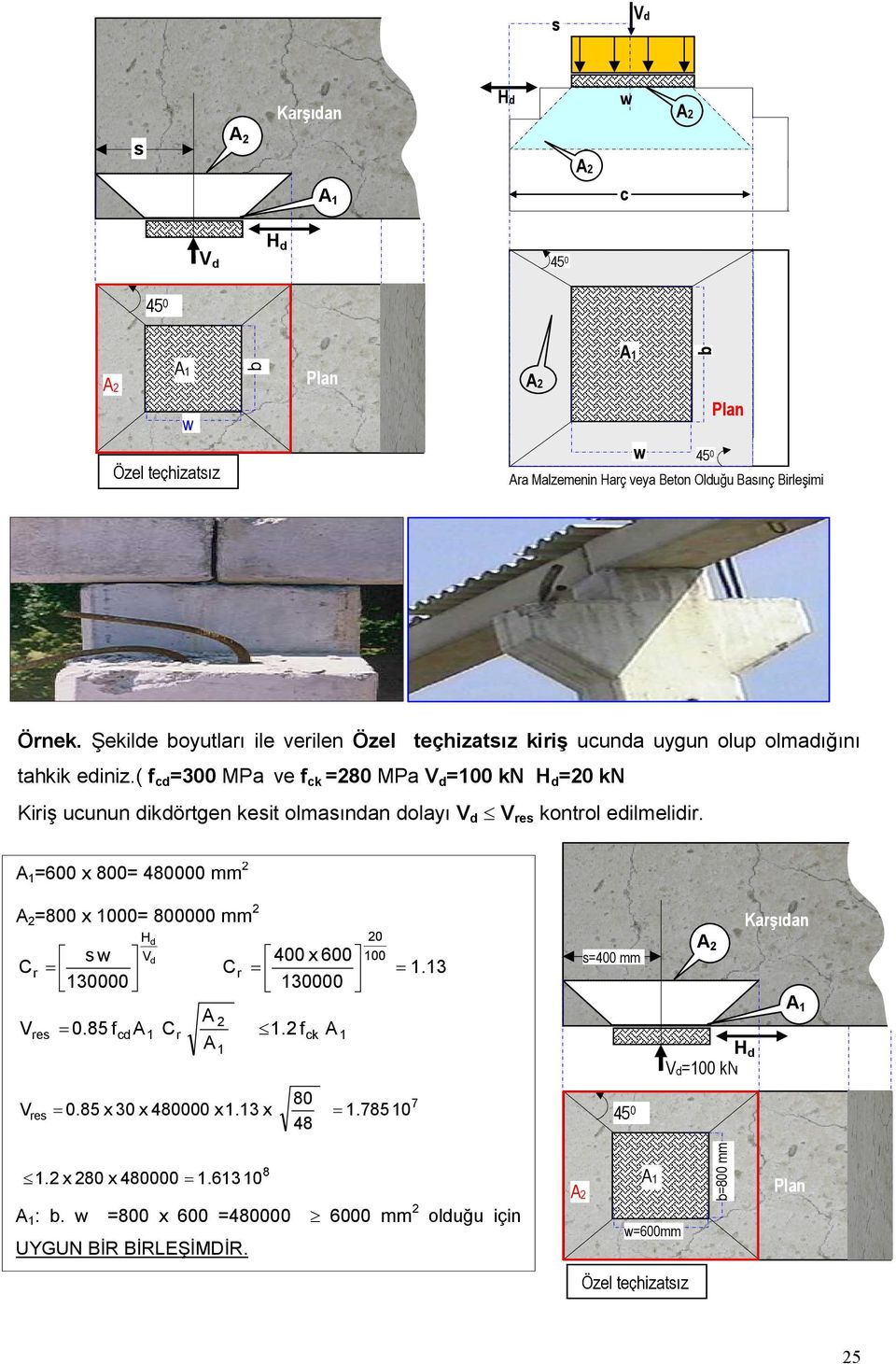 ( f c 300 MPa ve f ck 80 MPa V 100 kn H 0 kn Kiriş ucunun ikörtgen kesit olmasınan olayı V V res kontrol eilmeliir.