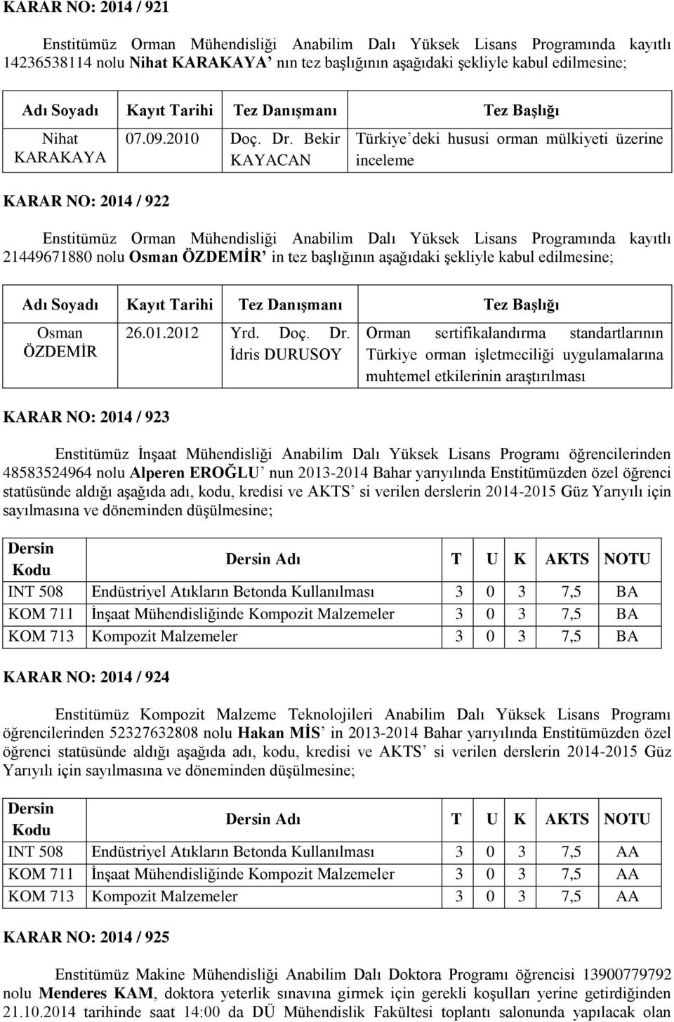 Bekir KAYACAN Türkiye deki hususi orman mülkiyeti üzerine inceleme Enstitümüz Orman Mühendisliği Anabilim Dalı Yüksek Lisans Programında kayıtlı 21449671880 nolu Osman ÖZDEMİR in tez başlığının