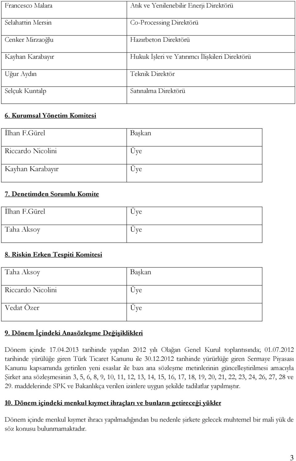 Gürel Taha Aksoy Üye Üye 8. Riskin Erken Tespiti Komitesi Taha Aksoy Riccardo Nicolini Vedat Özer Başkan Üye Üye 9. Dönem İçindeki Anasözleşme Değişiklikleri Dönem içinde 17.04.