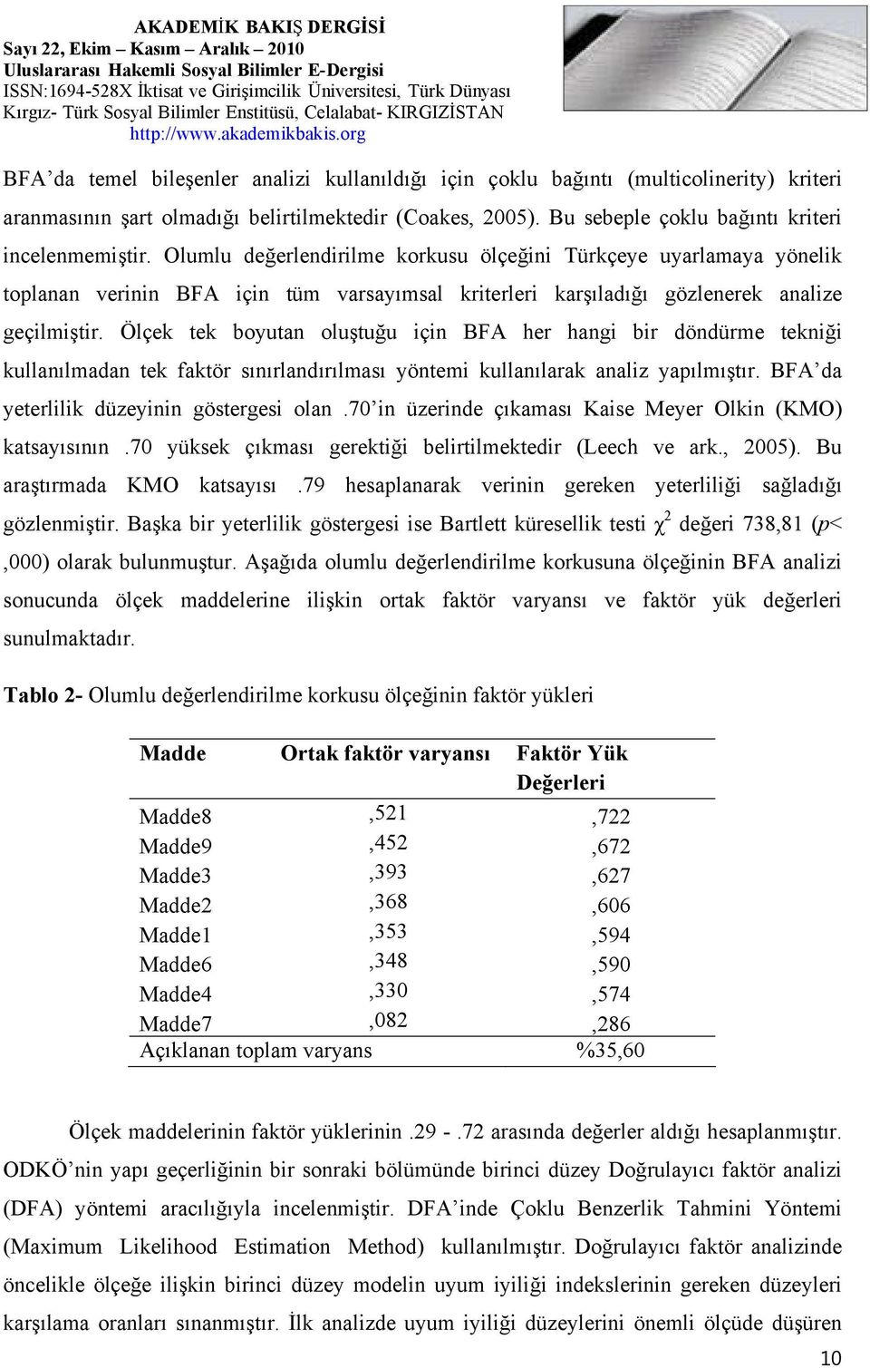 Ölçek tek boyutan oluştuğu için BFA her hangi bir döndürme tekniği kullanılmadan tek faktör sınırlandırılması yöntemi kullanılarak analiz yapılmıştır. BFA da yeterlilik düzeyinin göstergesi olan.