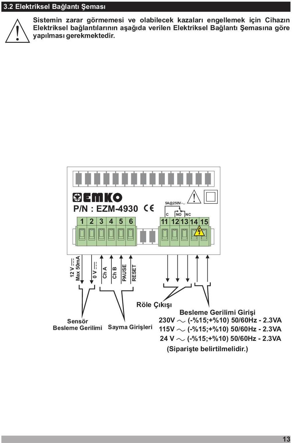 /N : EZM-4930 1 2 3 4 5 6 5A@250V C NO NC 11 1213 14 15 12 V Max 50mA 0V Ch A Ch B AUSE Sensör Besleme Gerilimi Röle ý