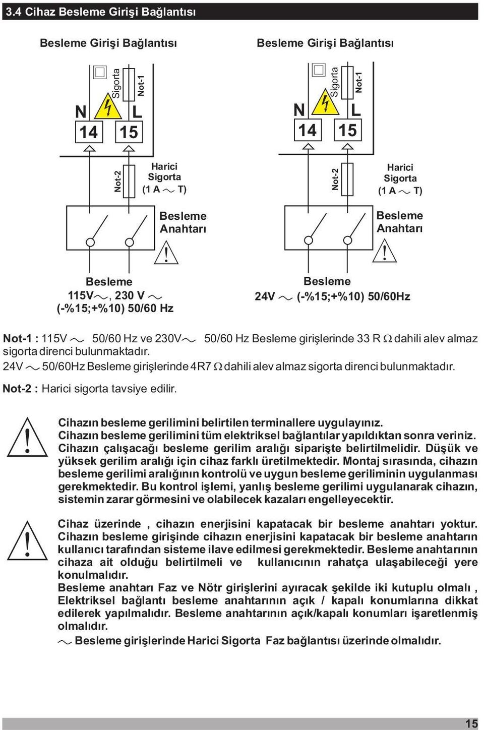 direnci bulunmaktadýr. 24V 50/60Hz Besleme giriþlerinde 4R7 dahili alev almaz sigorta direnci bulunmaktadýr. Not-2 : Harici sigorta tavsiye edilir.