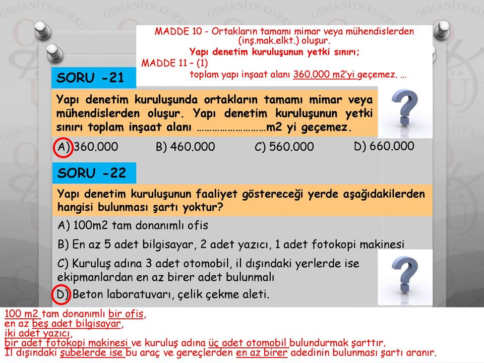 000 SORU -22 Yapı denetim kuruluşunun faaliyet göstereceği yerde aşağıdakilerden hangisi bulunması şartı yoktur?