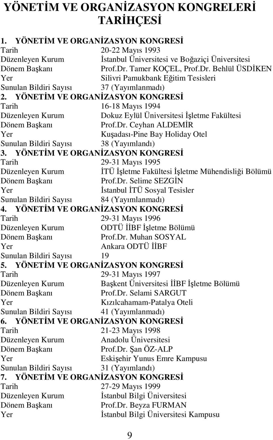 YÖNETİM VE ORGANİZASYON KONGRESİ Tarih 16-18 Mayıs 1994 Düzenleyen Kurum Dokuz Eylül Üniversitesi İşletme Fakültesi Prof.Dr.