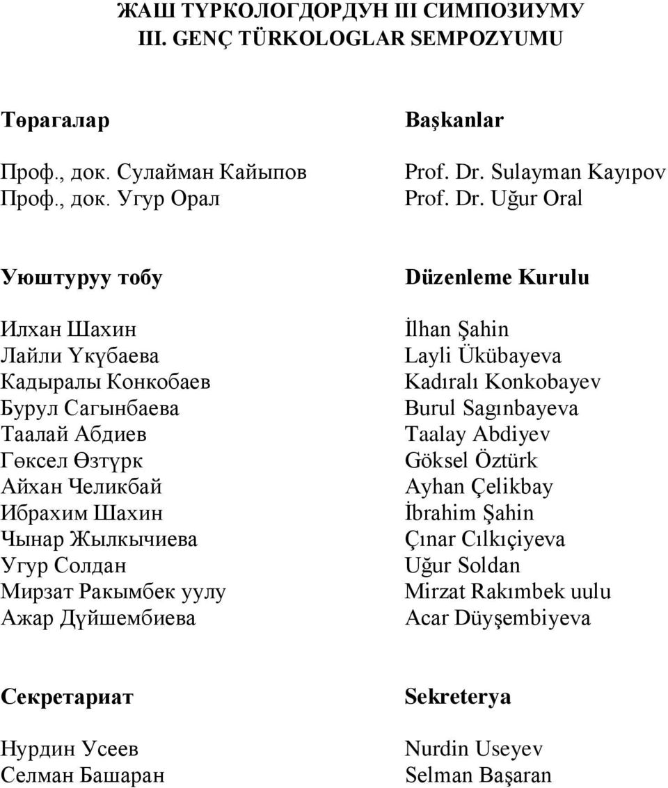 Uğur Oral Уюштуруу тобу Илхан Шахин Лайли Үкүбаева Кадыралы Конкобаев Бурул Сагынбаева Таалай Абдиев Гөксел Өзтүрк Айхан Челикбай Ибрахим Шахин Чынар Жылкычиева Угур