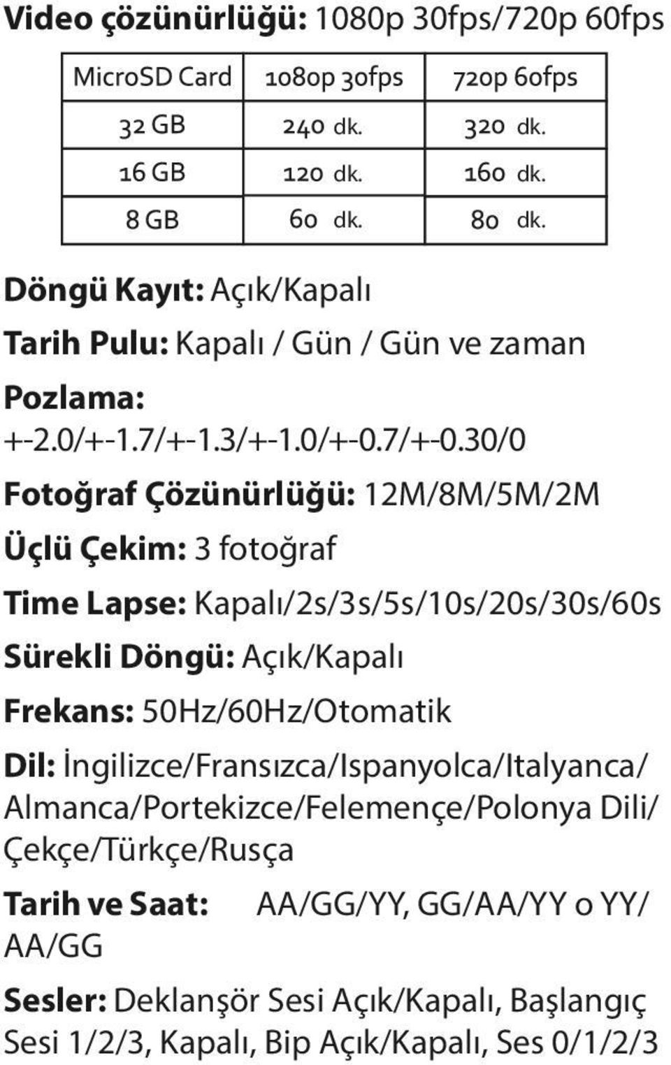 30/0 Fotoğraf Çözünürlüğü: 12M/8M/5M/2M Üçlü Çekim: 3 fotoğraf Time Lapse: Kapalı/2s/3s/5s/10s/20s/30s/60s Sürekli Döngü: Açık/Kapalı Frekans: