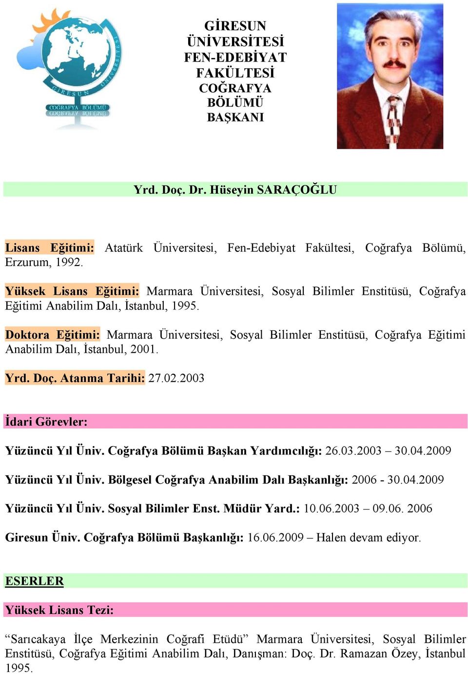 Doktora Eğitimi: Marmara Üniversitesi, Sosyal Bilimler Enstitüsü, Coğrafya Eğitimi Anabilim Dalı, İstanbul, 2001. Yrd. Doç. Atanma Tarihi: 27.02.2003 İdari Görevler: Yüzüncü Yıl Üniv.