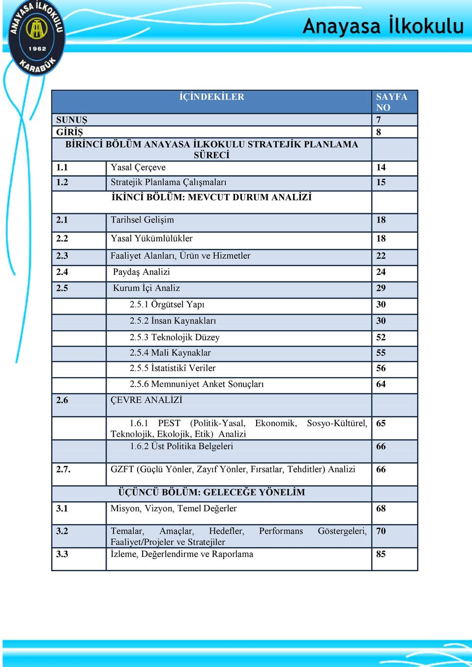 5.3 Teknolojik Düzey 52 2.5.4 Mali Kaynaklar 55 2.5.5 İstatistikî Veriler 56 2.5.6 Memnuniyet Anket Sonuçları 64 1.6.1 PEST (Politik-Yasal, Ekonomik, Sosyo-Kültürel, 65 Teknolojik, Ekolojik, Etik) Analizi 1.