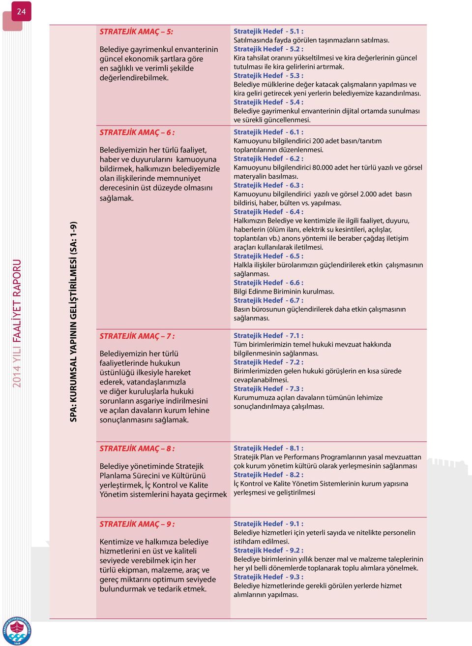 STRATEJİK AMAÇ 7 : Belediyemizin her türlü faaliyetlerinde hukukun üstünlüğü ilkesiyle hareket ederek, vatandaşlarımızla ve diğer kuruluşlarla hukuki sorunların asgariye indirilmesini ve açılan