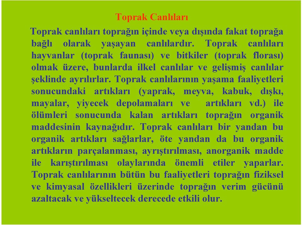 Toprak canlılarının yaşama faaliyetleri sonucundaki artıkları (yaprak, meyva, kabuk, dışkı, mayalar, yiyecek depolamaları ve artıkları vd.