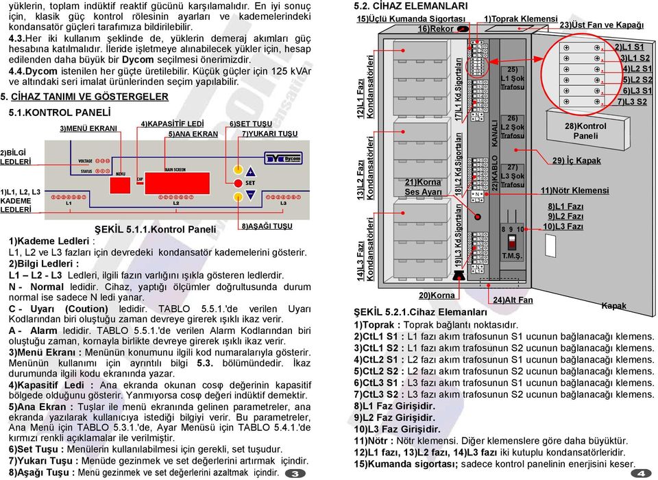4.Dycom istenilen her güçte üretilebilir. Küçük güçler için 125 kvar ve altındaki seri imalat ürünlerinden seçim yapılabilir. 5. CİHAZ TAIMI VE GÖSTERGELER 5.1.KOTROL PAELİ 2)BİLGİ LEDLERİ 1),, KADEME LEDLERİ 3)MEÜ EKRAI 4)KAPASİTİF LEDİ 5)AA EKRA 6)SET TUŞU 7)YUKARI TUŞU 8)AŞAĞI TUŞU ŞEKİL 5.