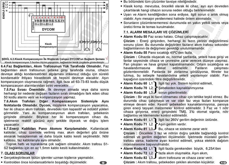 Faz bağlantıları akım trafosunun şebeke girişi tarafında olursa, cihazın devreye aldığı kondansatörleri algılaması imkansız olduğu için sürekli kondansatör ihtiyacı hissedecek ve hepsini devreye