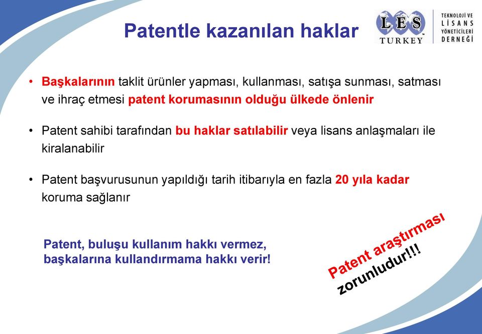 veya lisans anlaşmaları ile kiralanabilir Patent başvurusunun yapıldığı tarih itibarıyla en fazla 20